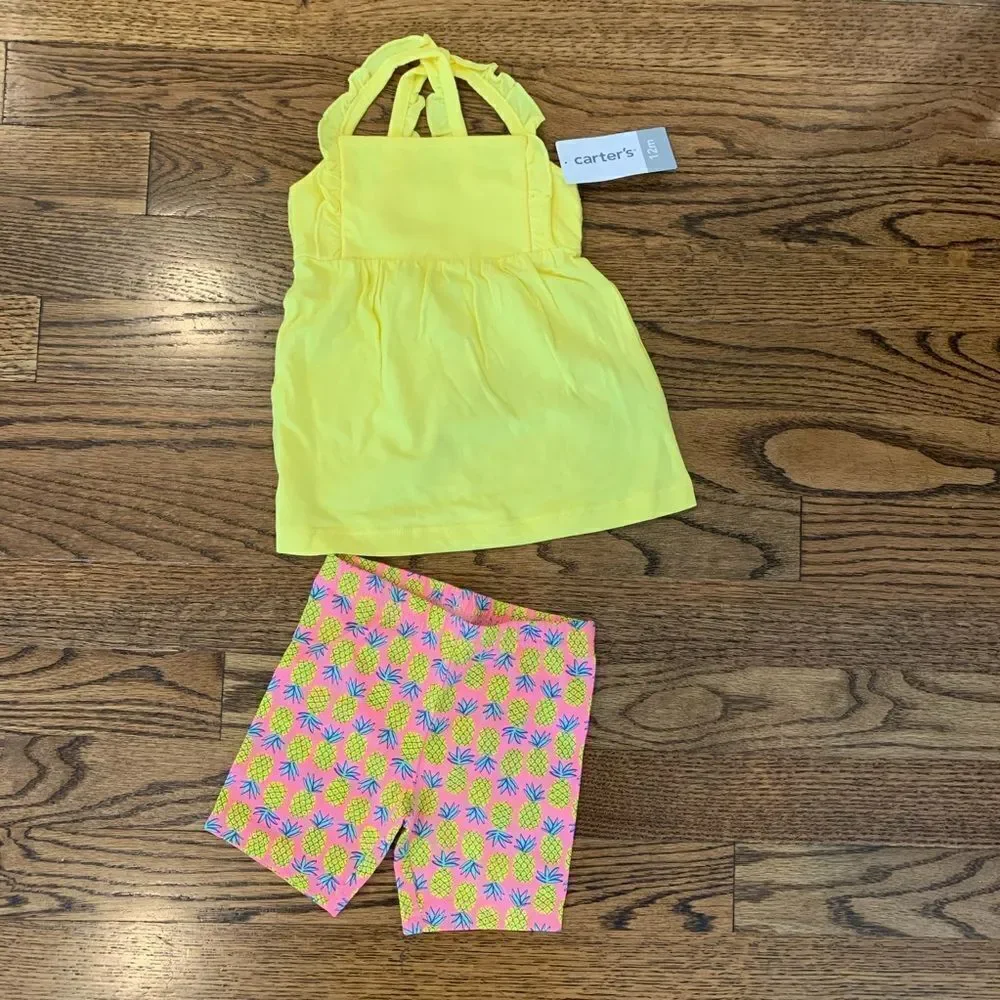 New CARTERS Pink Yellow Pineapple Shorts Ruffle Tank Top Outfit Set 12m 12 month
